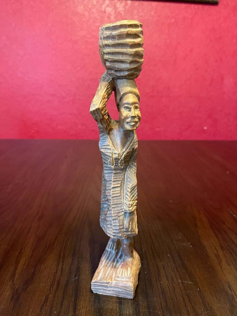 Vintage Hand-Carved Wood Tribal Figure Statue of Woman Carrying Basket